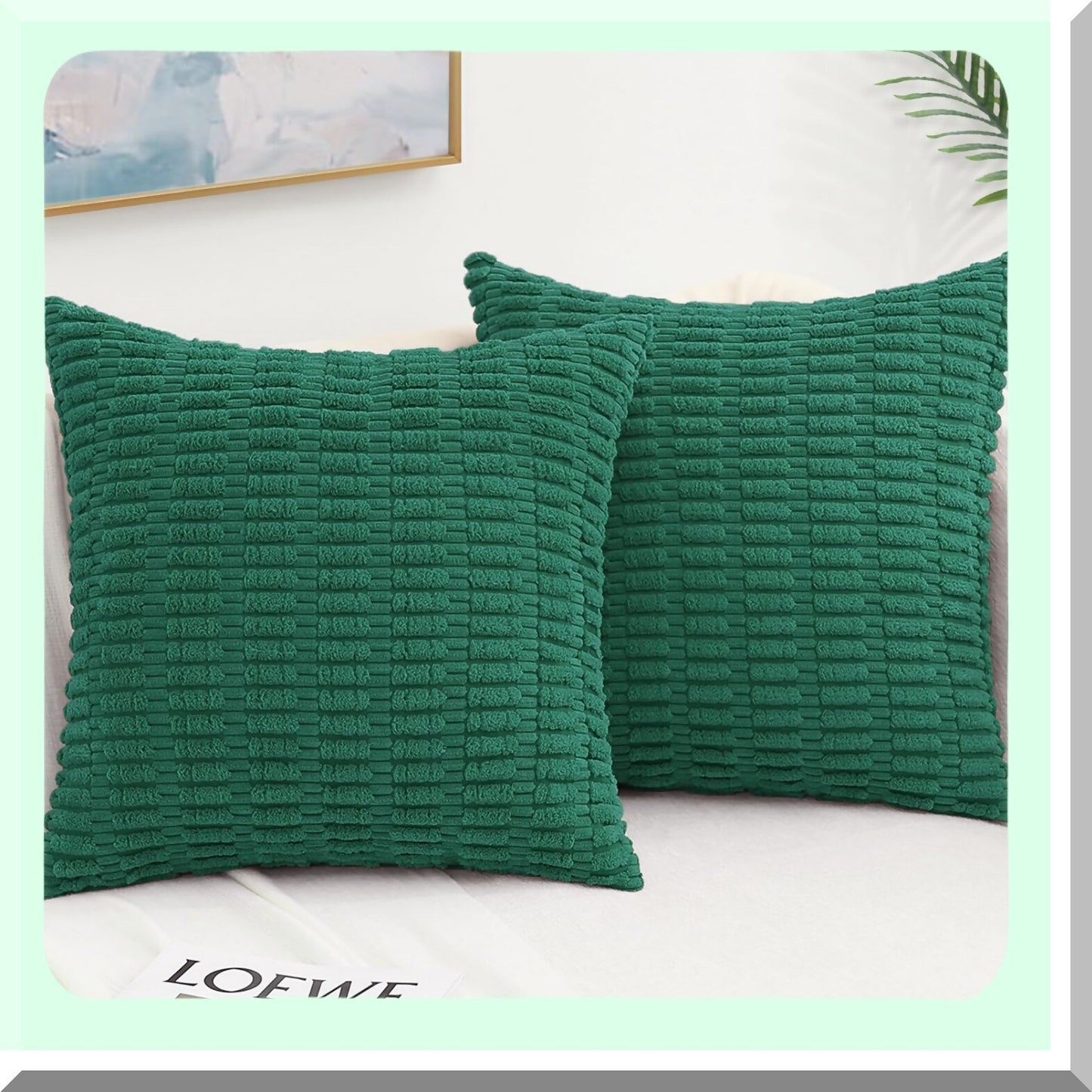 Green Stripe Corduroy Pillow Covers - Set of 2 | 18x18 Square Decorative Throw Pillow Cases for Couch, Living Room, Bed, Sofa | Modern Farmhouse Boho Home Decor Accent
