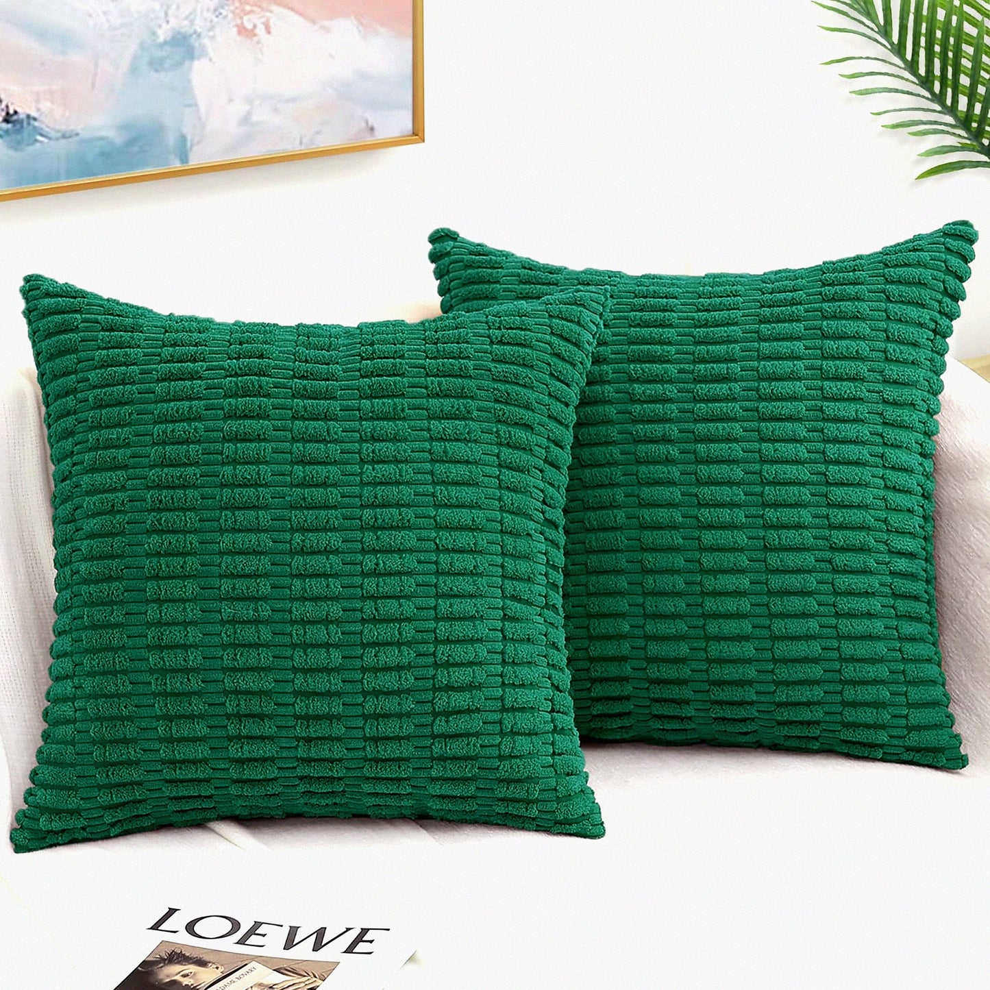 Green Stripe Corduroy Pillow Covers - Set of 2 | 18x18 Square Decorative Throw Pillow Cases for Couch, Living Room, Bed, Sofa | Modern Farmhouse Boho Home Decor Accent