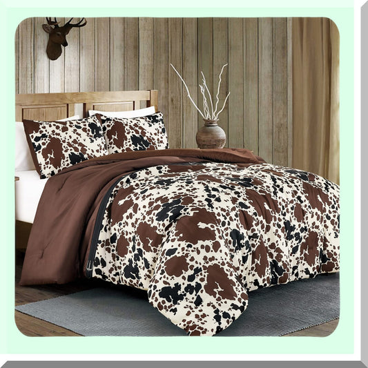 Cowboy Comfort Queen Bedding Set - Western Ranch Farmhouse Rustic Lodge Theme - Milk Cow Print in Brown, Black, Cream - Reversible with Matching Pillow Shams - Queen Size