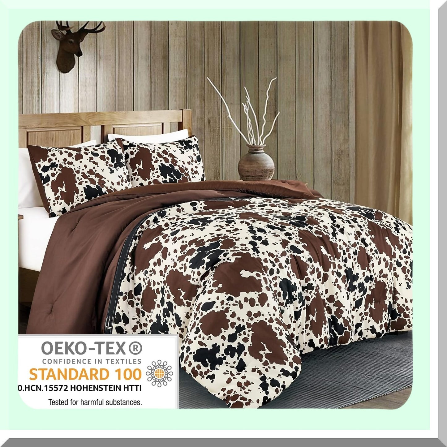 Cowboy Comfort Queen Bedding Set - Western Ranch Farmhouse Rustic Lodge Theme - Milk Cow Print in Brown, Black, Cream - Reversible with Matching Pillow Shams - Queen Size