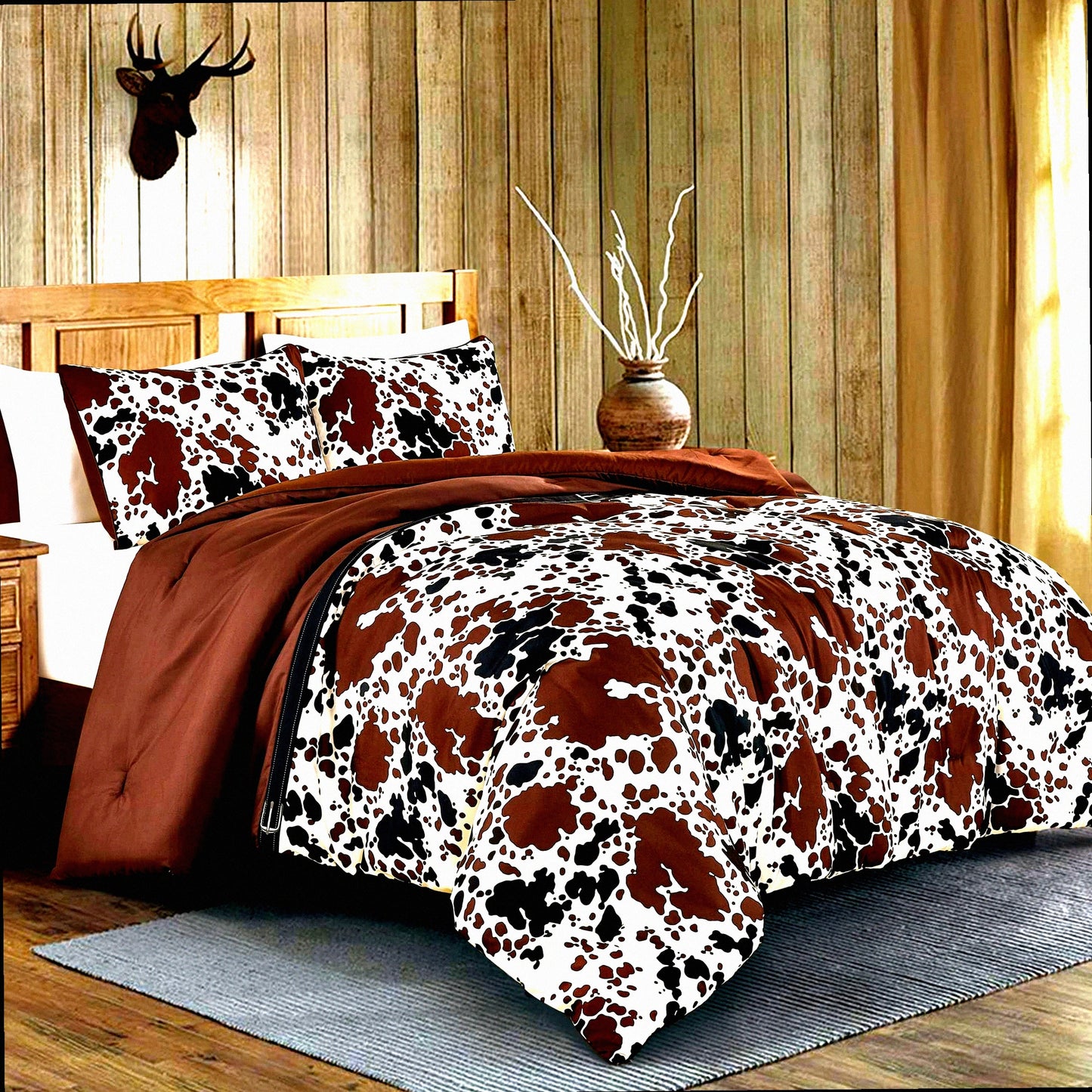 Cowboy Comfort Queen Bedding Set - Western Ranch Farmhouse Rustic Lodge Theme - Milk Cow Print in Brown, Black, Cream - Reversible with Matching Pillow Shams - Queen Size