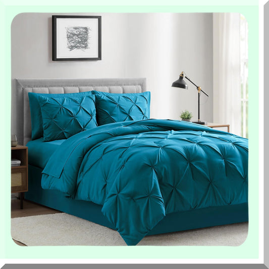 Turquoise Pleat Quilted Comforter Set - Soft & Warm 6-Piece Oversized Microfiber Bedding Kit for Twin Beds - 68x88inch - Cozy Sleep Essentials