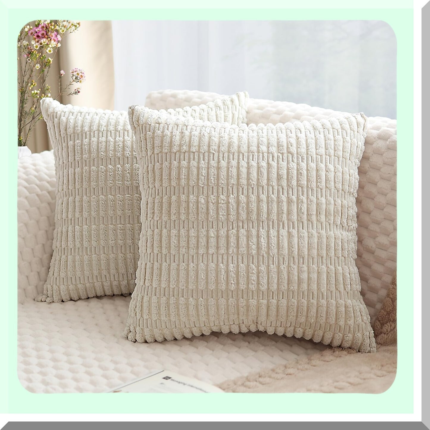 Soft Striped Corduroy Boho Pillow Covers - Set of 2 18x18 Inch Square Decorative Throw Pillow Covers for Modern Farmhouse Home Decor in Cream White