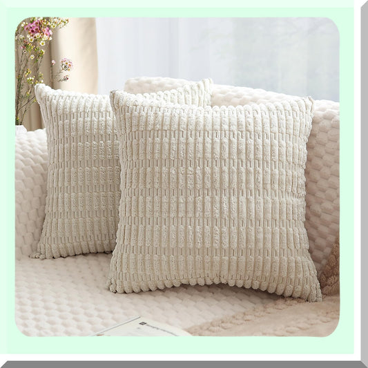 Soft Striped Corduroy Boho Pillow Covers - Set of 2 18x18 Inch Square Decorative Throw Pillow Covers for Modern Farmhouse Home Decor in Cream White