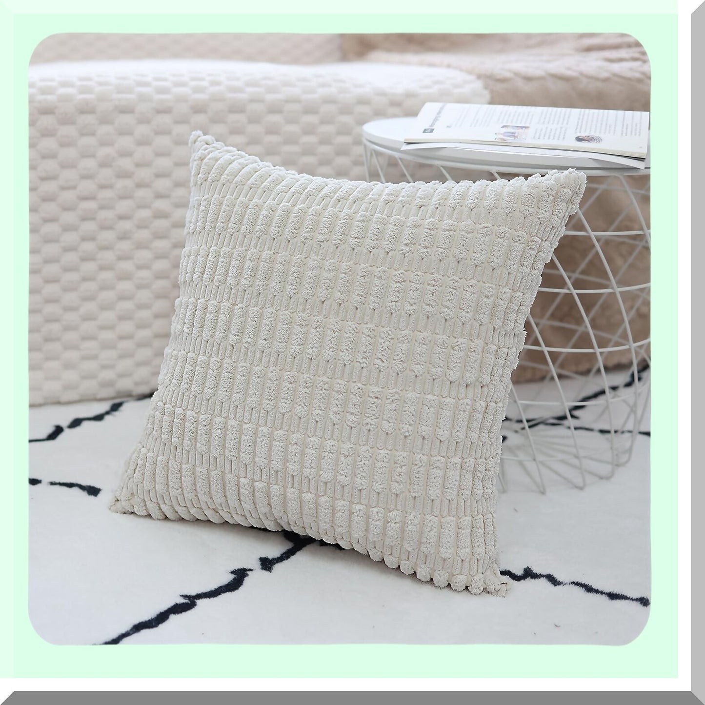 Soft Striped Corduroy Boho Pillow Covers - Set of 2 18x18 Inch Square Decorative Throw Pillow Covers for Modern Farmhouse Home Decor in Cream White