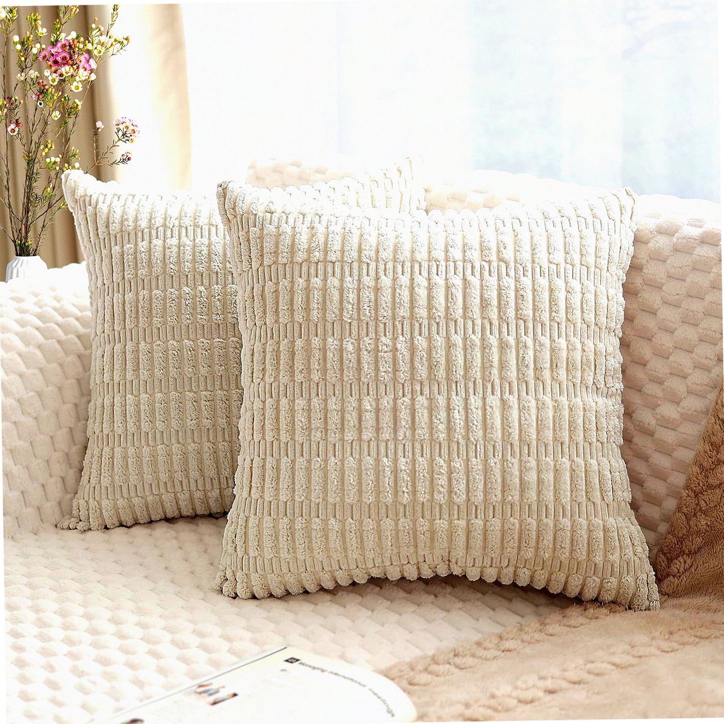 Soft Striped Corduroy Boho Pillow Covers - Set of 2 18x18 Inch Square Decorative Throw Pillow Covers for Modern Farmhouse Home Decor in Cream White