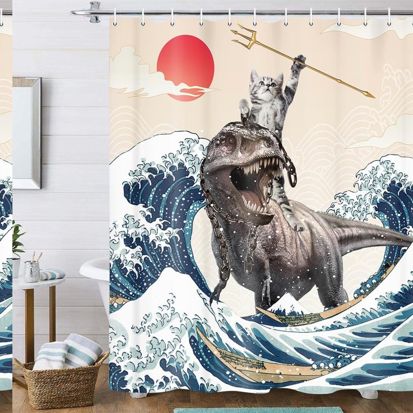 Funny Cat Dinosaur Ocean Waves Shower Curtain 69W x 70L
