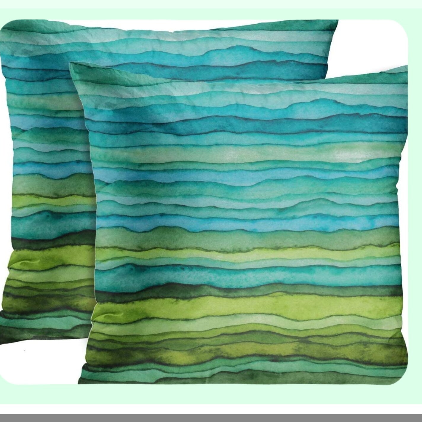 WaveBrush Dye Pillowcase Set - Abstract Bright Blue Green Waves Hand Drawn Striped Watercolor Decorative Cover Home Decor Square 18x18 Inches