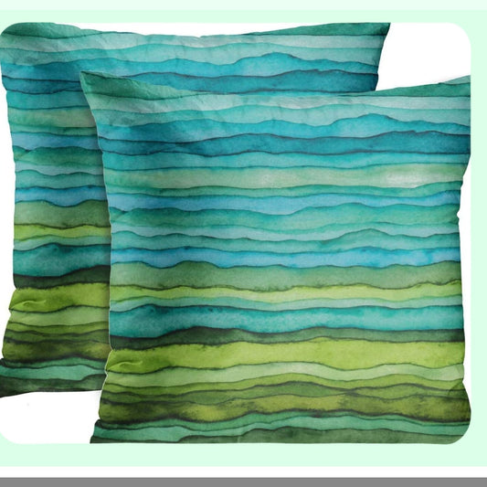 WaveBrush Dye Pillowcase Set - Abstract Bright Blue Green Waves Hand Drawn Striped Watercolor Decorative Cover Home Decor Square 18x18 Inches