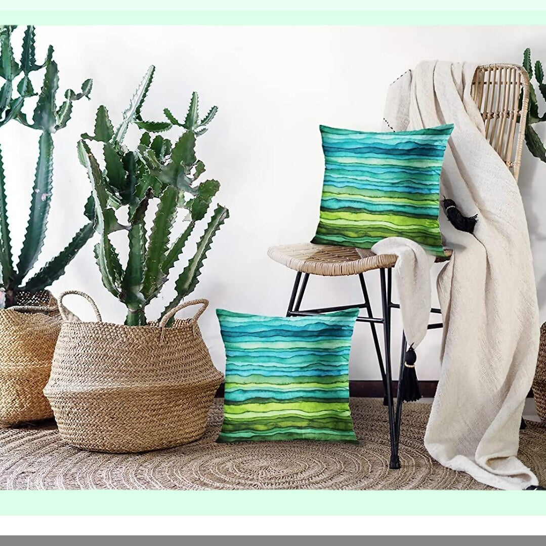 WaveBrush Dye Pillowcase Set - Abstract Bright Blue Green Waves Hand Drawn Striped Watercolor Decorative Cover Home Decor Square 18x18 Inches