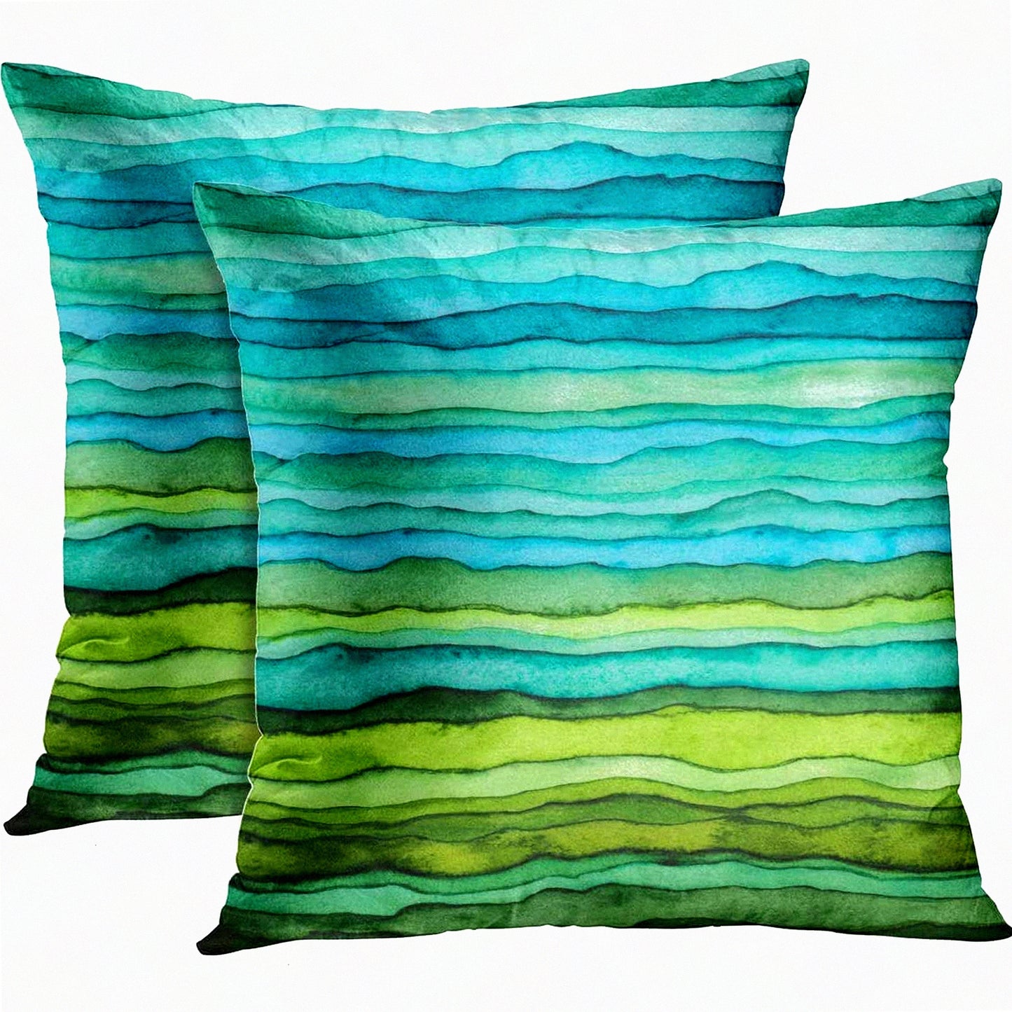 WaveBrush Dye Pillowcase Set - Abstract Bright Blue Green Waves Hand Drawn Striped Watercolor Decorative Cover Home Decor Square 18x18 Inches