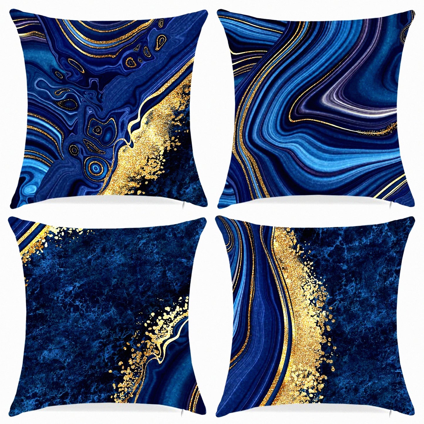Navy Blue Marble Cushion Covers - Set of 4 | Decorative Throw Pillowcases 18x18 inch | Gold Accent Sofa Pillow Covers for Living Room & Bedroom