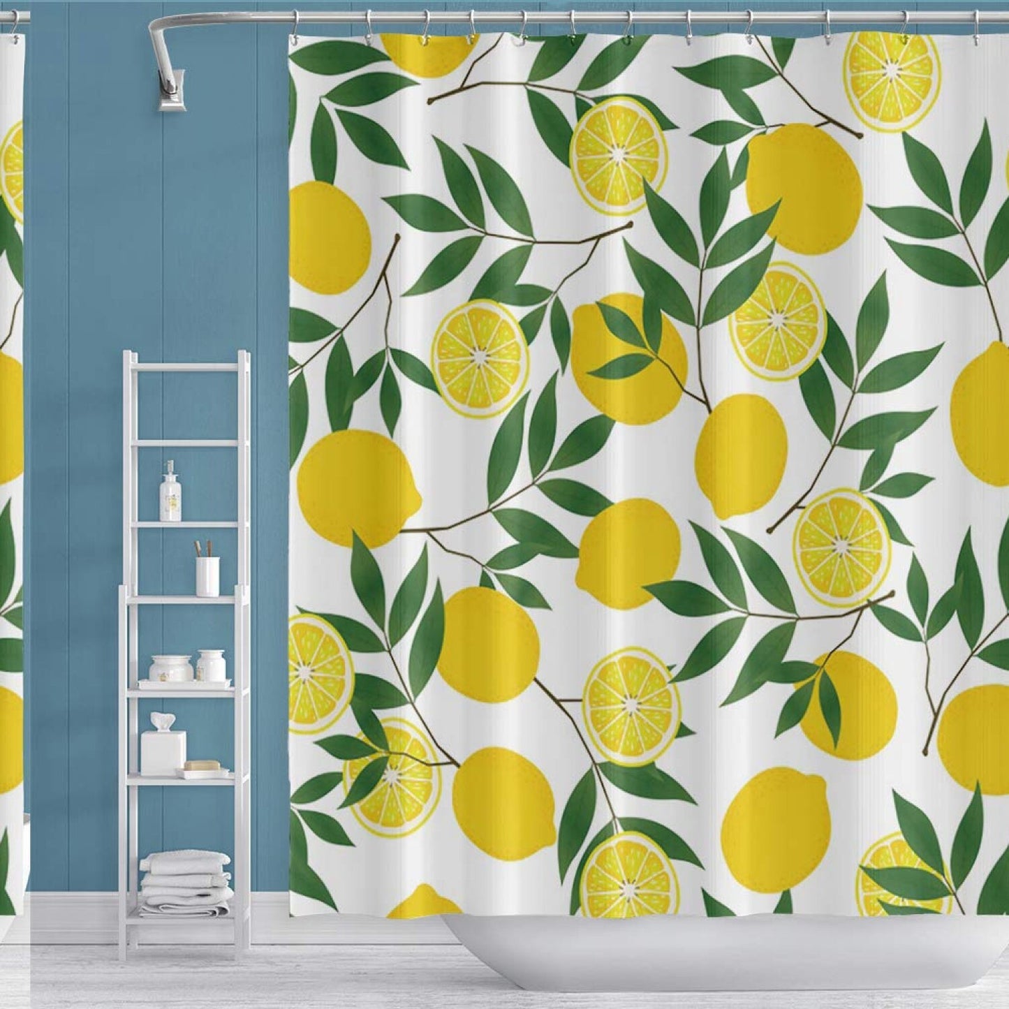 72x72inch Lemon Shower Curtain with Green Leaves