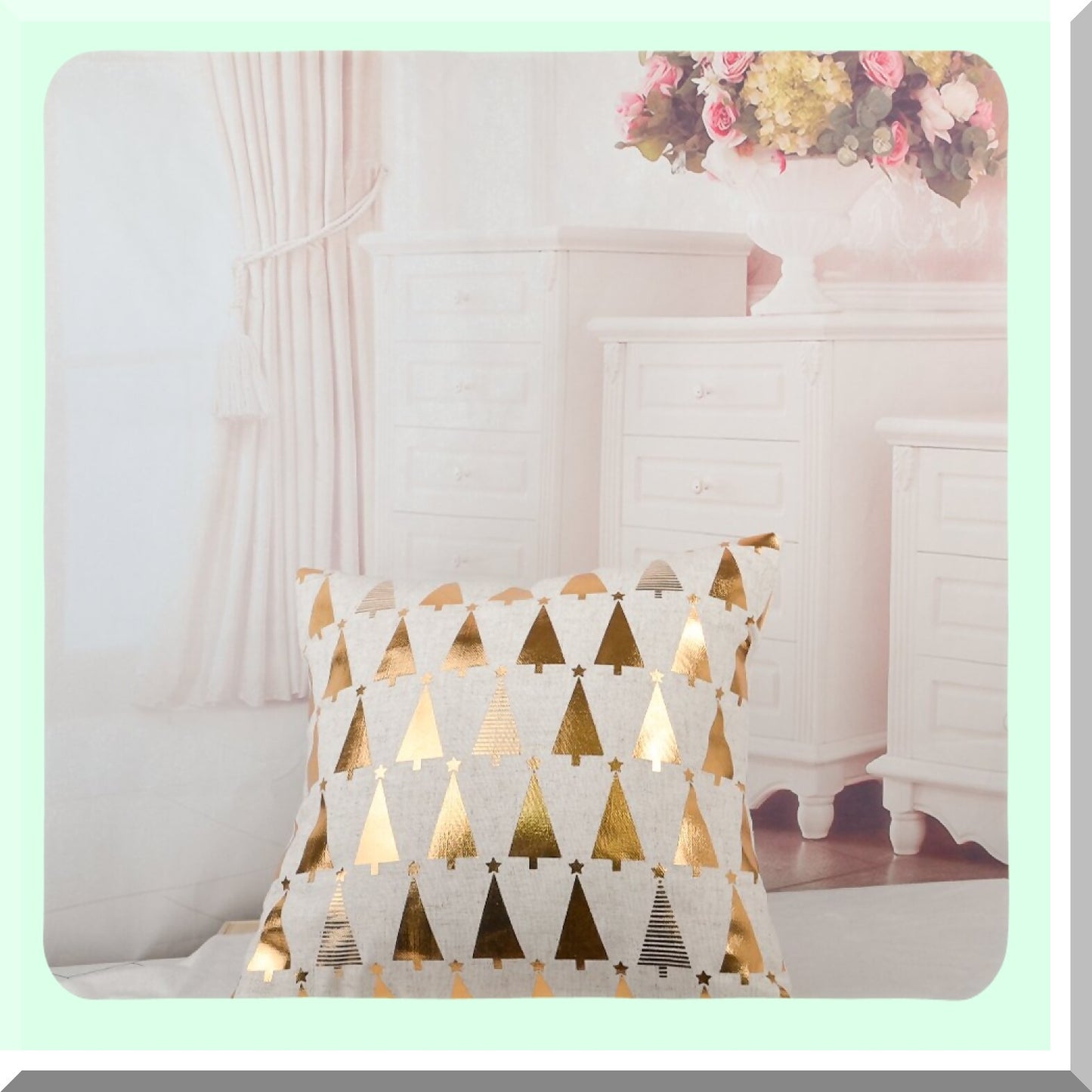 Gold Starry Tree Linen Pillowcase - Xmas Accent Cushion for Farmhouse Bedroom & Living Room Decor - 18x18 Inch Beige Throw Pillow Cover