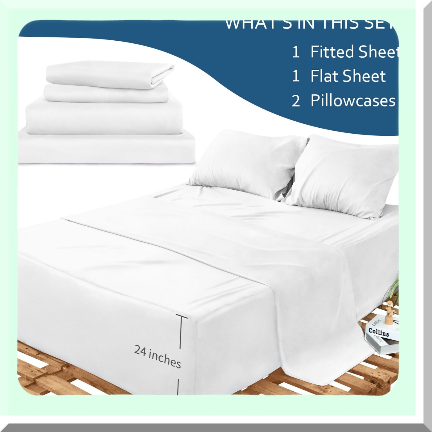 Luxury Air Bed Sheet Set - Deep Pocket Twin Size 4 Piece Set with Side Storage Pocket. Fits 16-24in Pillow Top Mattresses. White, Fitted Sheet, Pillowcase, Flat Sheet.