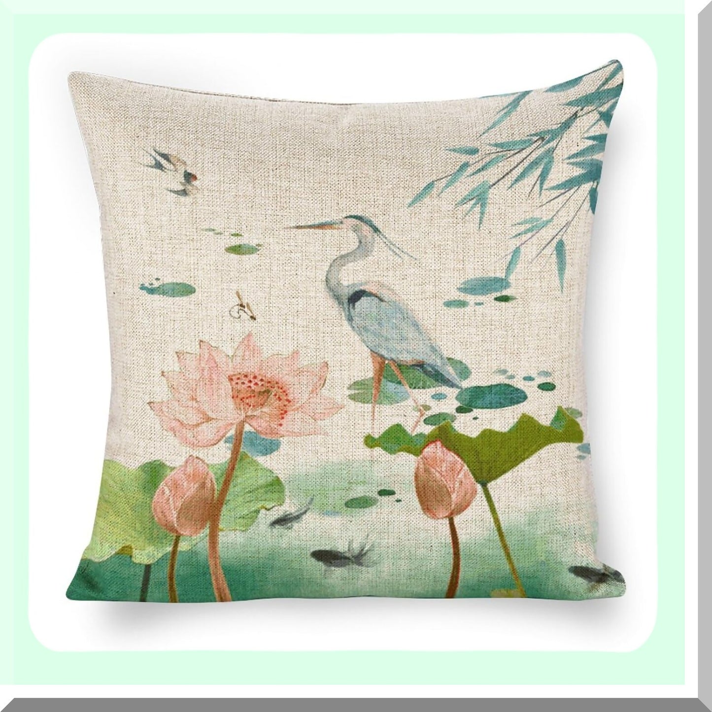 Lotus Heron Linen Farmhouse Pillow Covers - 18x18 Inch Double Sided Zipper Cushion Case for Couch, Sofa, Bed & Outdoor Decor