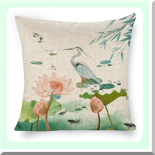 Lotus Heron Linen Farmhouse Pillow Covers - 18x18 Inch Double Sided Zipper Cushion Case for Couch, Sofa, Bed & Outdoor Decor