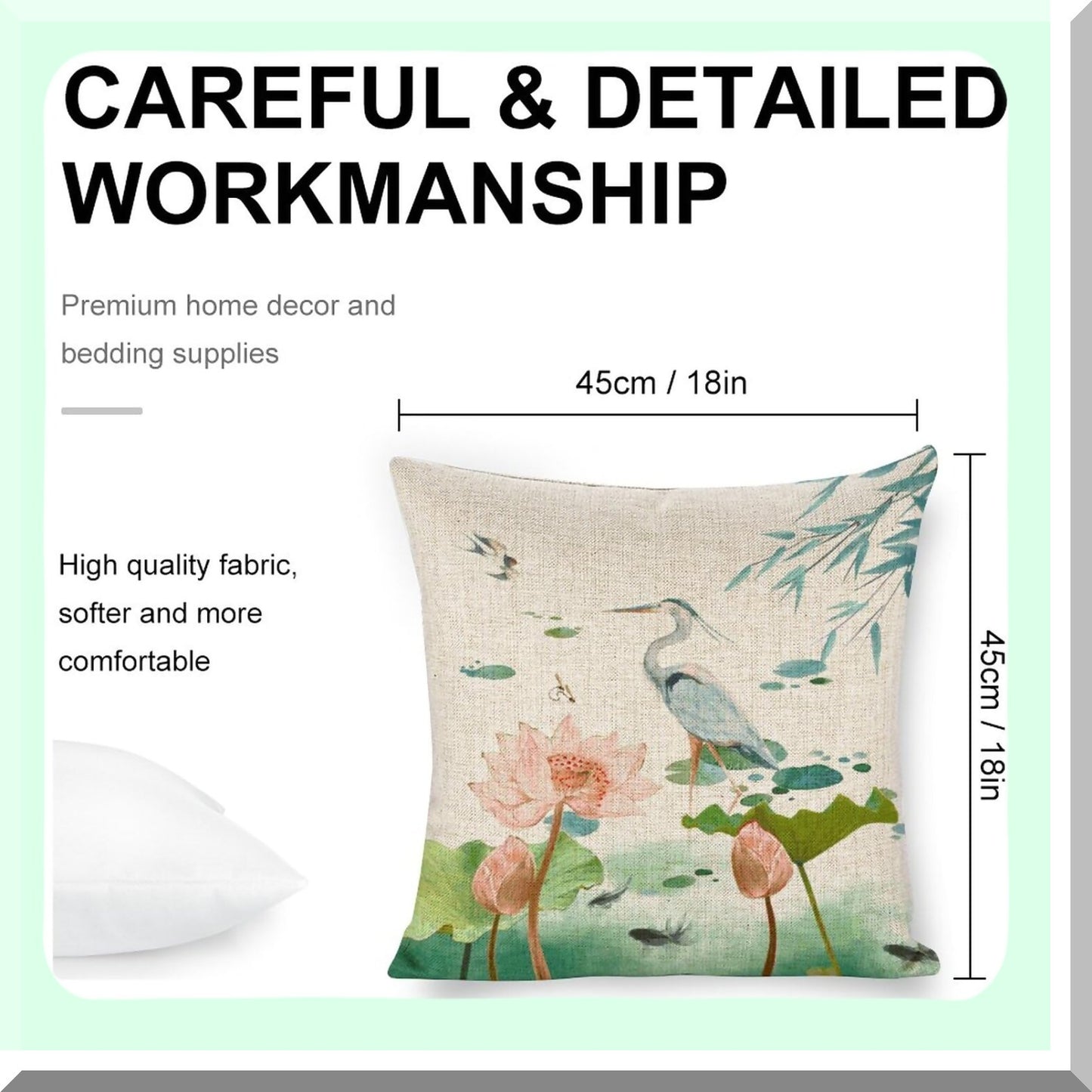 Lotus Heron Linen Farmhouse Pillow Covers - 18x18 Inch Double Sided Zipper Cushion Case for Couch, Sofa, Bed & Outdoor Decor