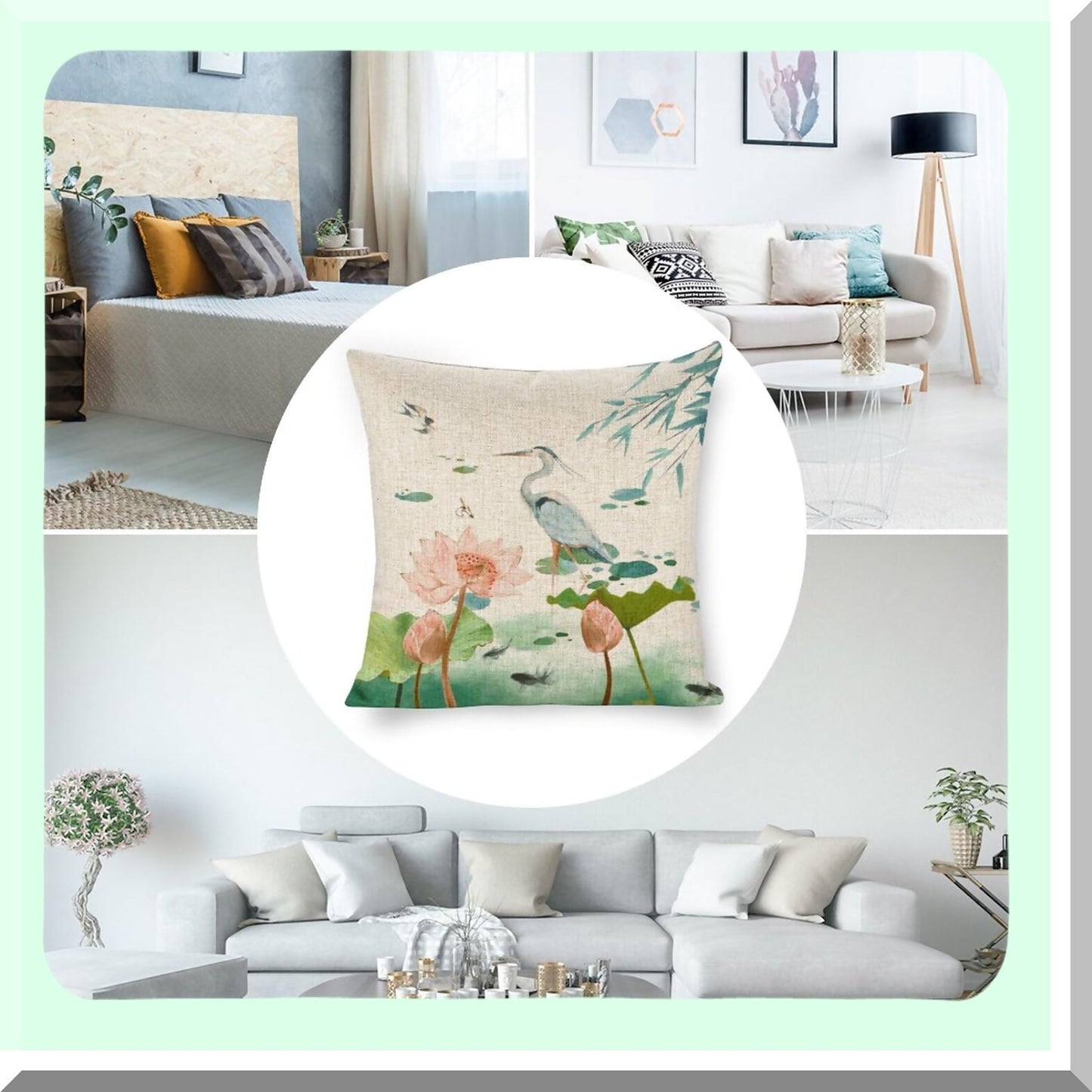 Lotus Heron Linen Farmhouse Pillow Covers - 18x18 Inch Double Sided Zipper Cushion Case for Couch, Sofa, Bed & Outdoor Decor