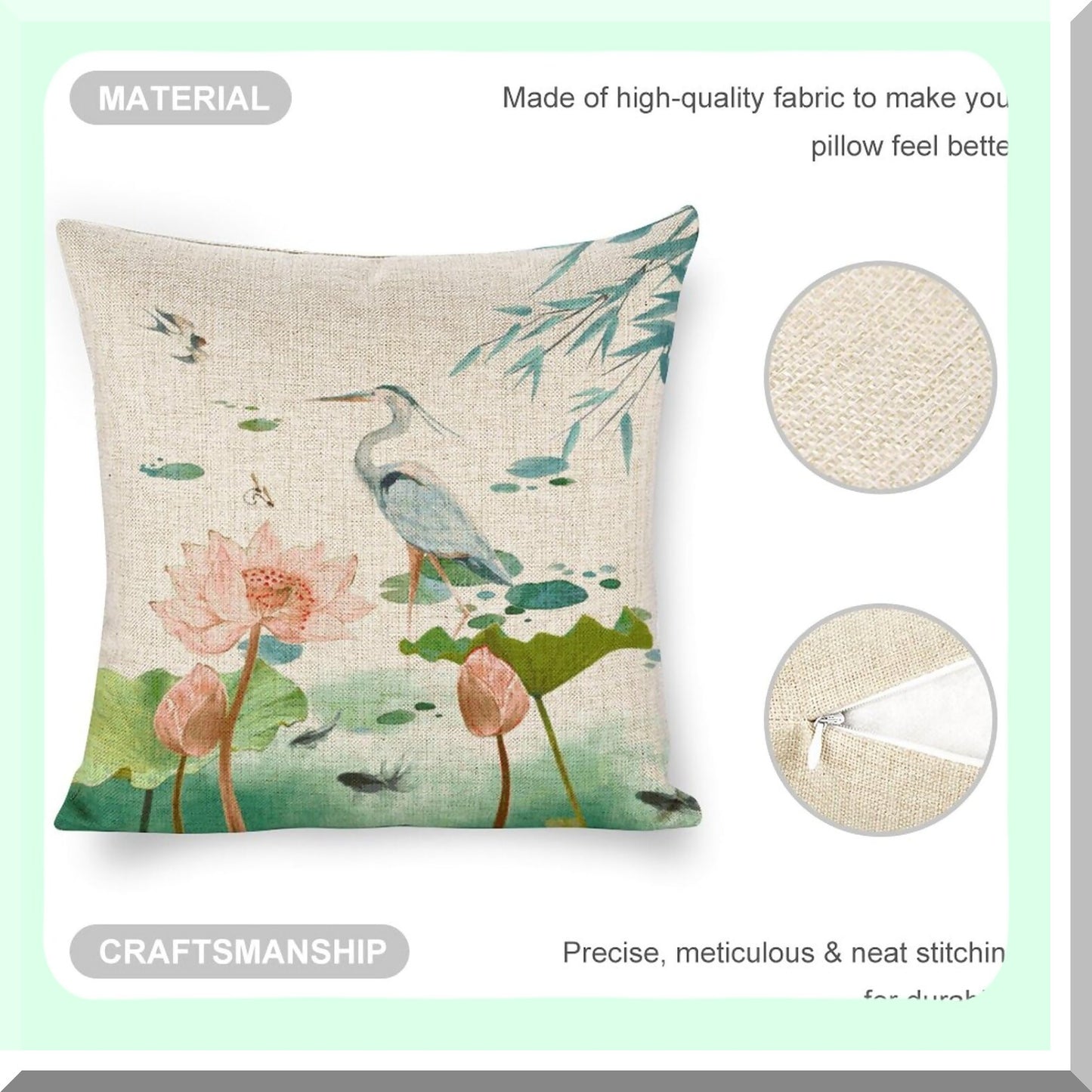 Lotus Heron Linen Farmhouse Pillow Covers - 18x18 Inch Double Sided Zipper Cushion Case for Couch, Sofa, Bed & Outdoor Decor