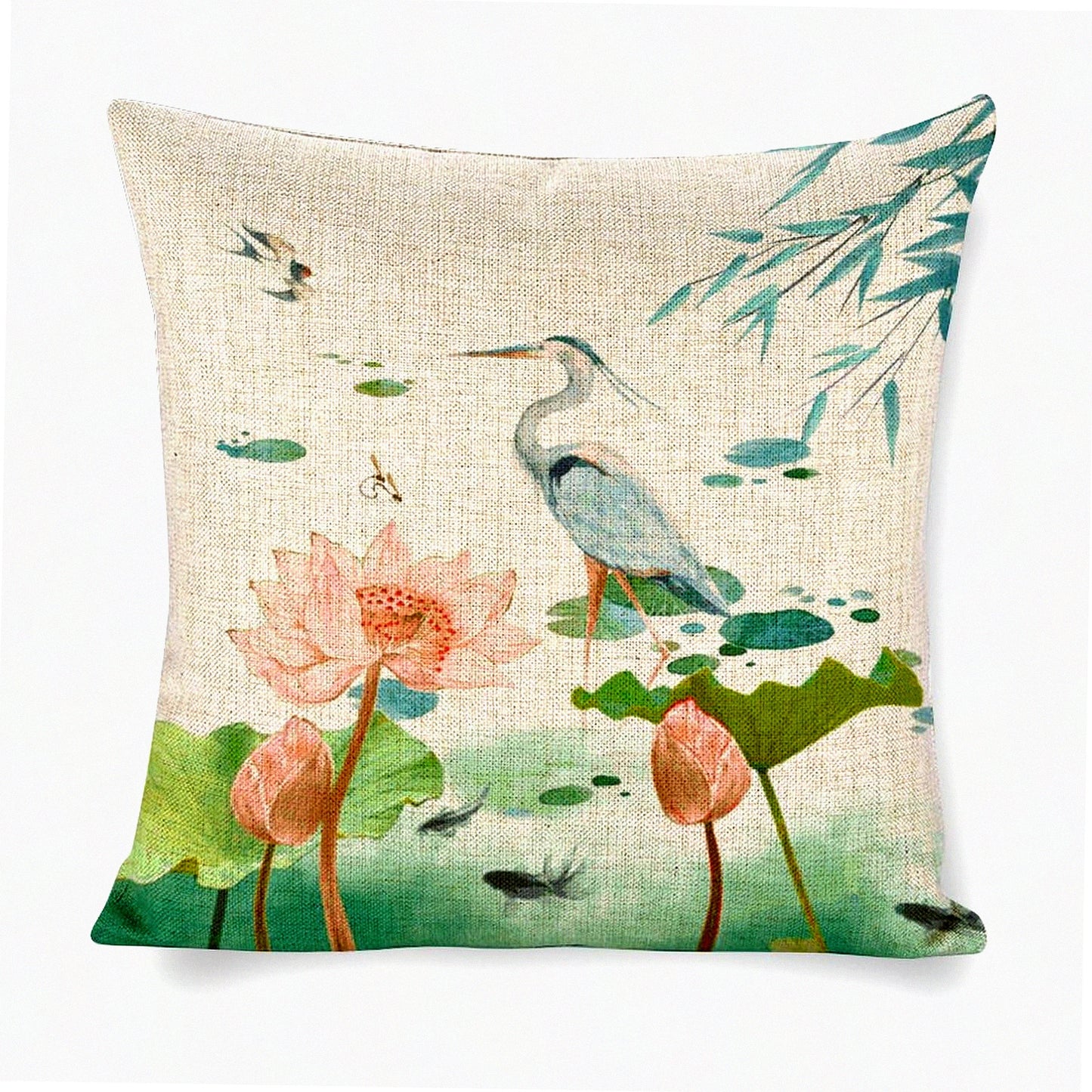 Lotus Heron Linen Farmhouse Pillow Covers - 18x18 Inch Double Sided Zipper Cushion Case for Couch, Sofa, Bed & Outdoor Decor