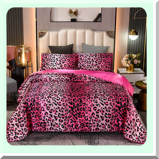 Luxury Leopard Print Silky Soft Microfiber Comforter Set - Pink Queen Size Bedding Set - Lightweight Super Soft Quilt Set - 5 Piece Bedding Set