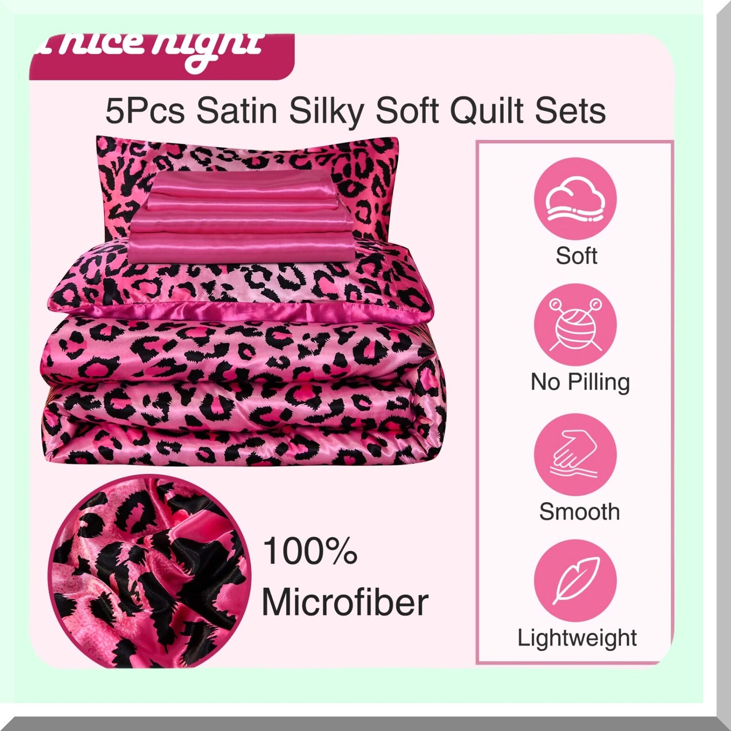 Luxury Leopard Print Silky Soft Microfiber Comforter Set - Pink Queen Size Bedding Set - Lightweight Super Soft Quilt Set - 5 Piece Bedding Set