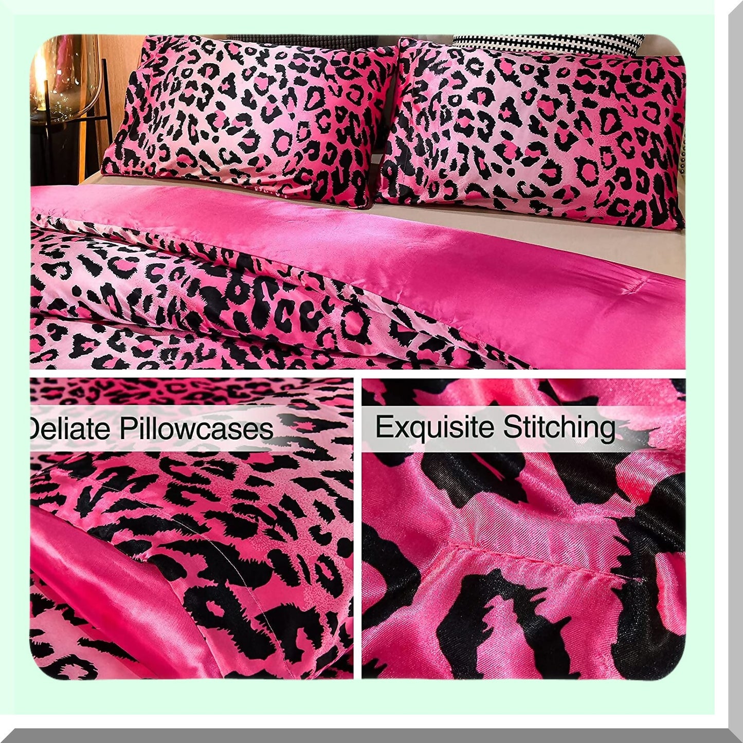 Luxury Leopard Print Silky Soft Microfiber Comforter Set - Pink Queen Size Bedding Set - Lightweight Super Soft Quilt Set - 5 Piece Bedding Set