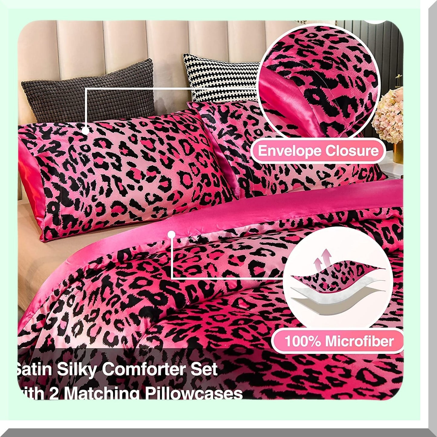 Luxury Leopard Print Silky Soft Microfiber Comforter Set - Pink Queen Size Bedding Set - Lightweight Super Soft Quilt Set - 5 Piece Bedding Set