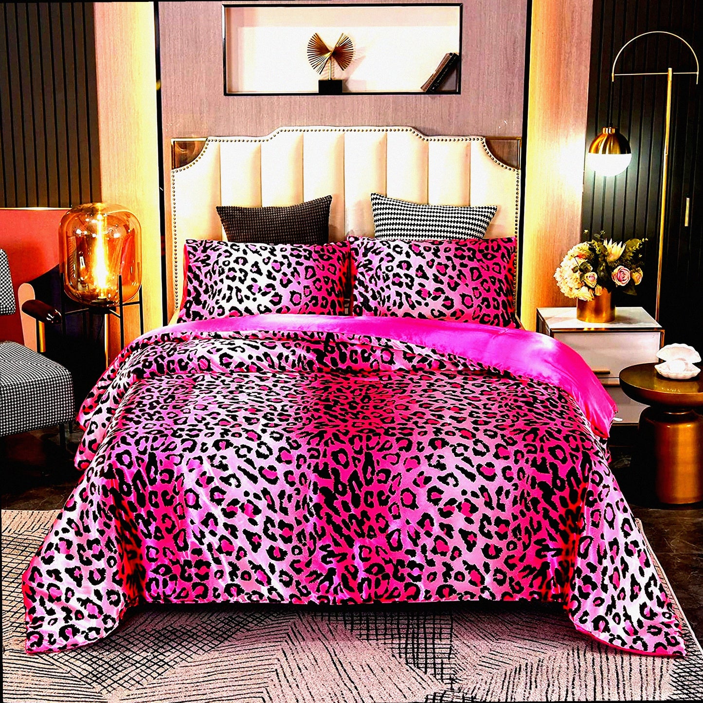 Luxury Leopard Print Silky Soft Microfiber Comforter Set - Pink Queen Size Bedding Set - Lightweight Super Soft Quilt Set - 5 Piece Bedding Set