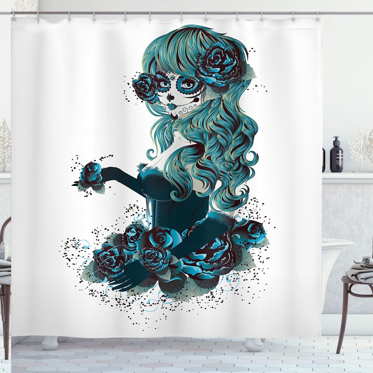 Skull Shower Curtain Vintage Sugar Girl 69x70 inches