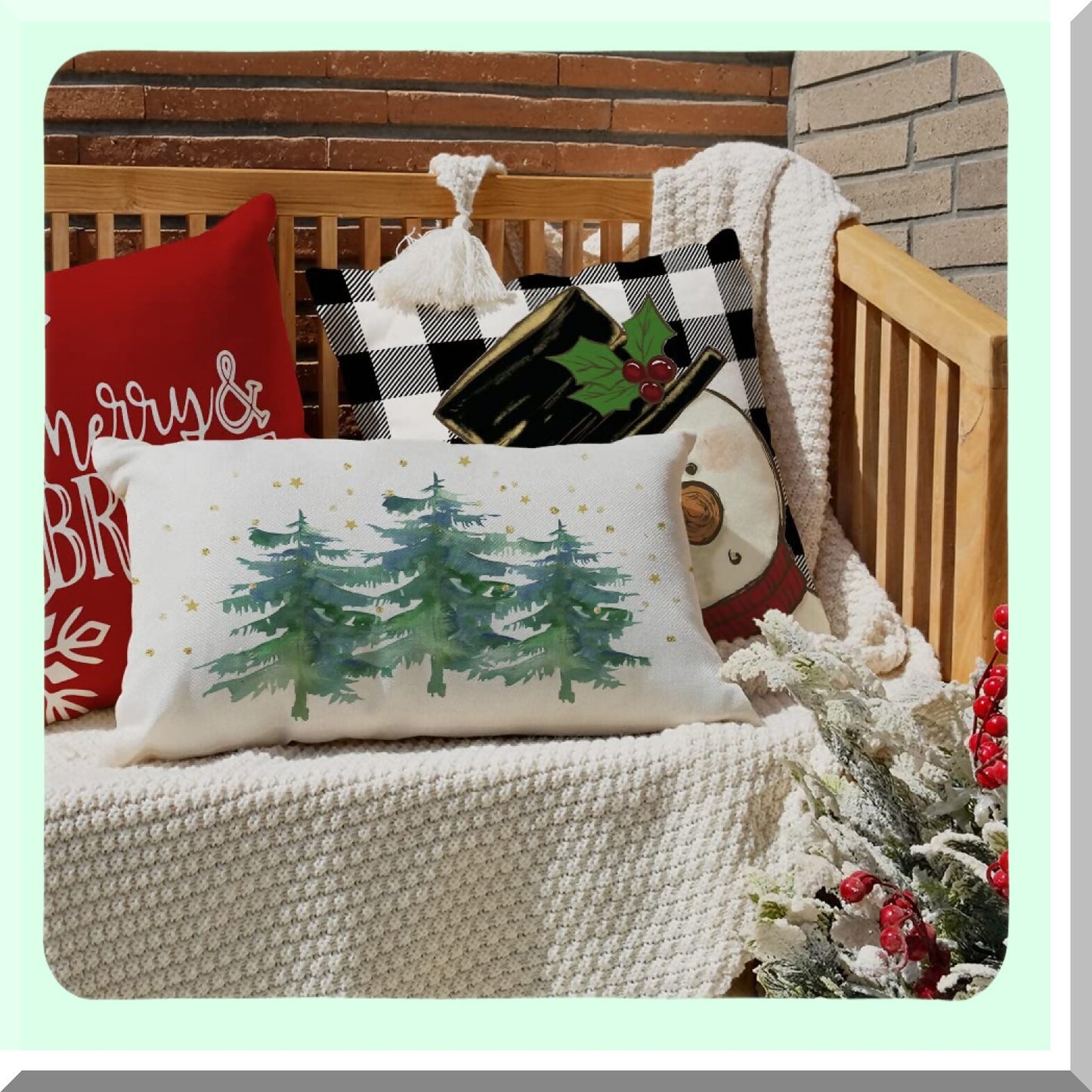 Winter Wonderland Lumbar Pillow Cover - Festive Christmas Tree Decorations for Farmhouse Couch - Holiday Throw Pillows 12x20 Green