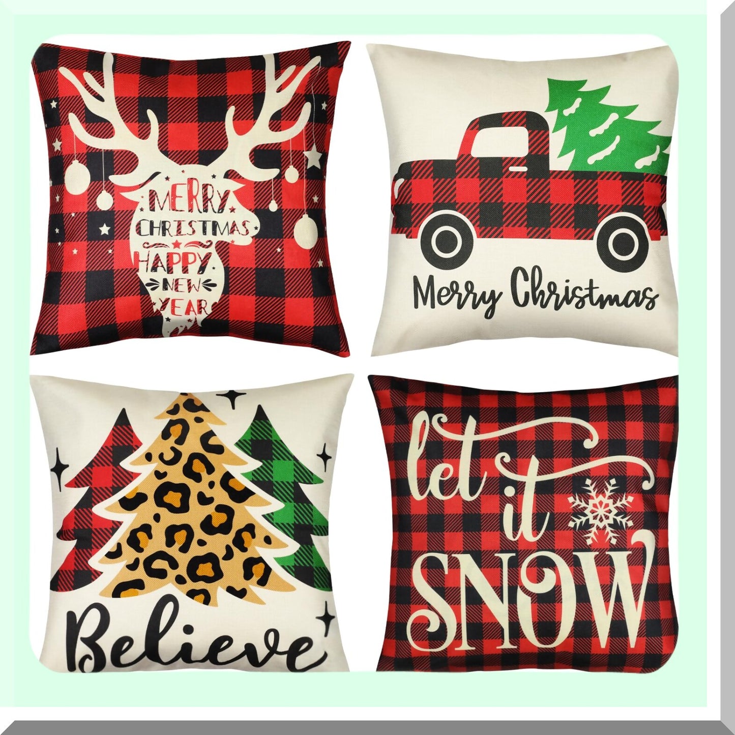 Xmas Series Pillow Covers Set - Leopard Tree Red Plaid Deer Car Pattern Cushion Cover 18x18 Inch Zippered Square Pillowcase Decorations - Pack of 4