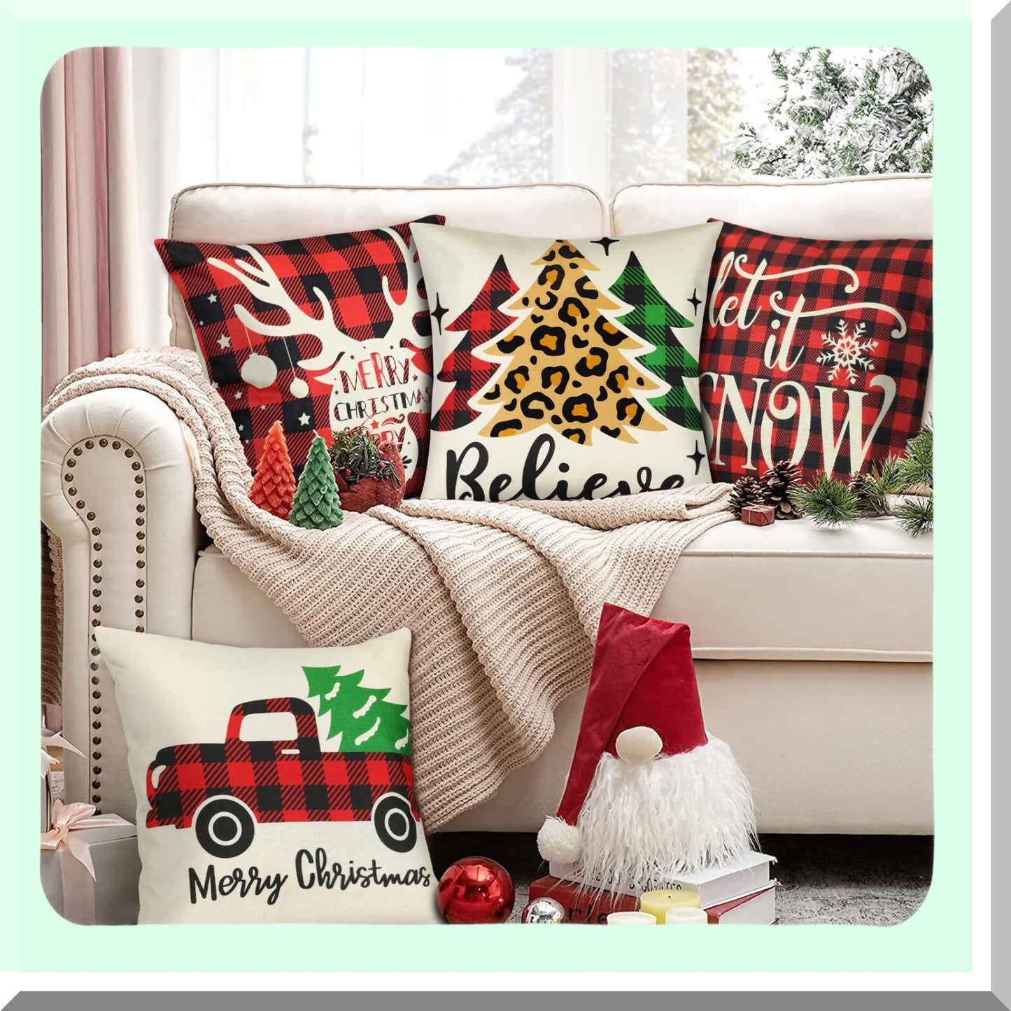 Xmas Series Pillow Covers Set - Leopard Tree Red Plaid Deer Car Pattern Cushion Cover 18x18 Inch Zippered Square Pillowcase Decorations - Pack of 4