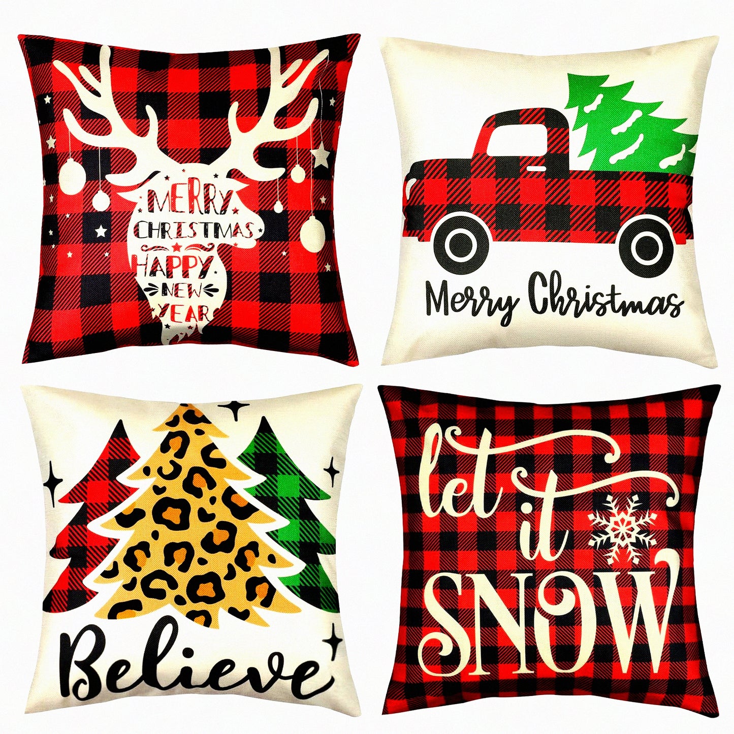 Xmas Series Pillow Covers Set - Leopard Tree Red Plaid Deer Car Pattern Cushion Cover 18x18 Inch Zippered Square Pillowcase Decorations - Pack of 4