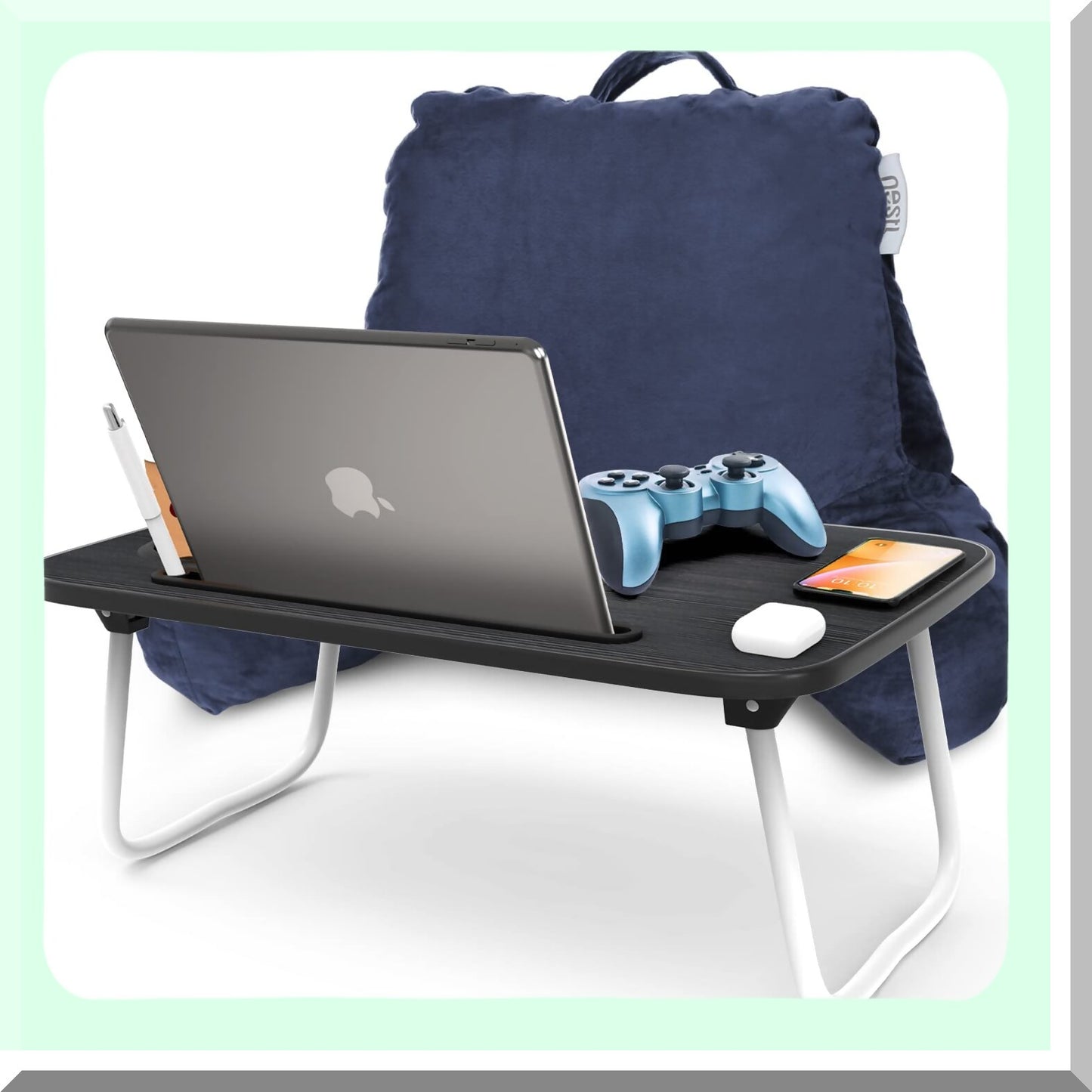 Navy Velvet Lap Desk Reading Pillow - Memory Foam Back Support with Arms for Bed Rest - Portable Laptop Lap Desk - Sitting in Bed Back Pillow
