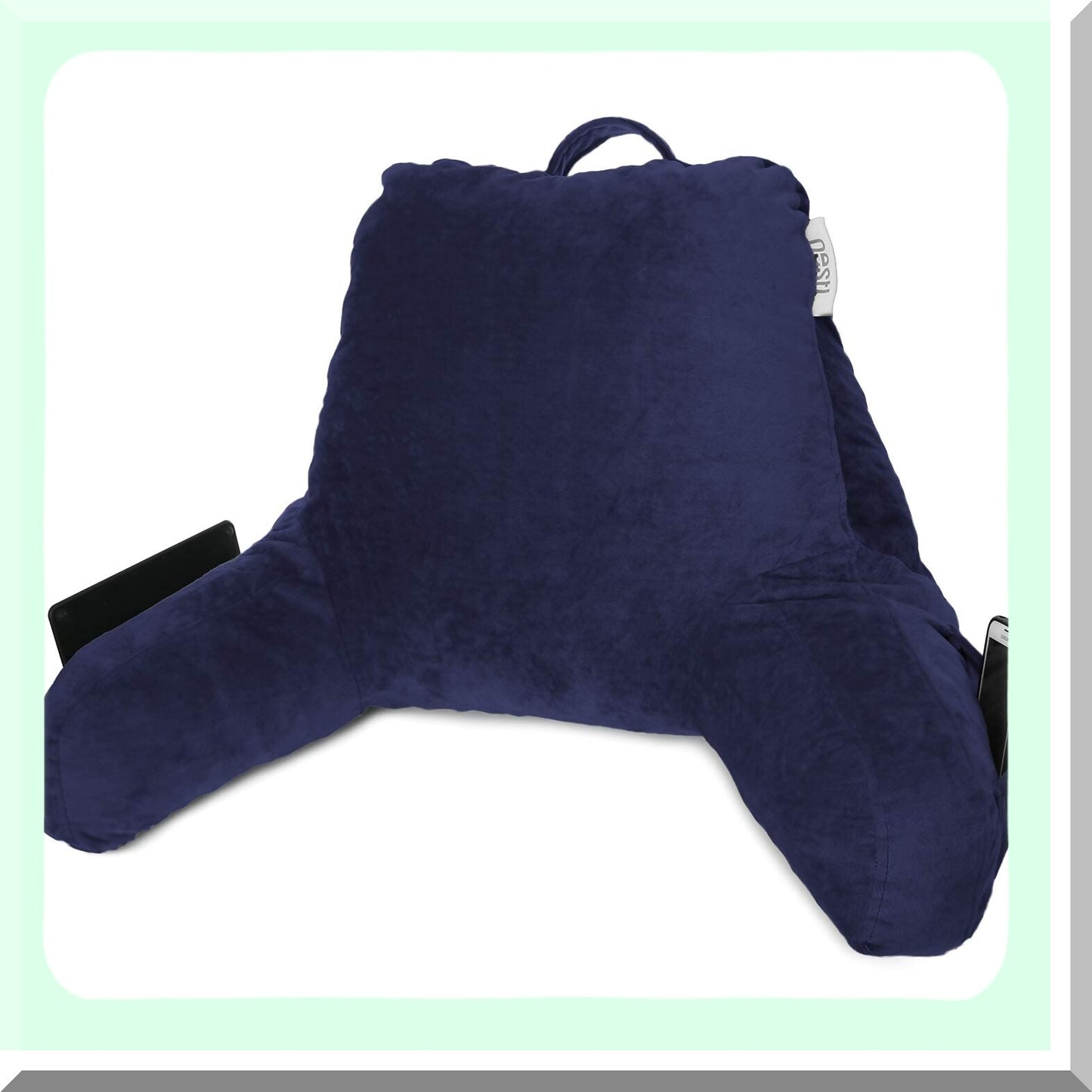 Navy Velvet Lap Desk Reading Pillow - Memory Foam Back Support with Arms for Bed Rest - Portable Laptop Lap Desk - Sitting in Bed Back Pillow
