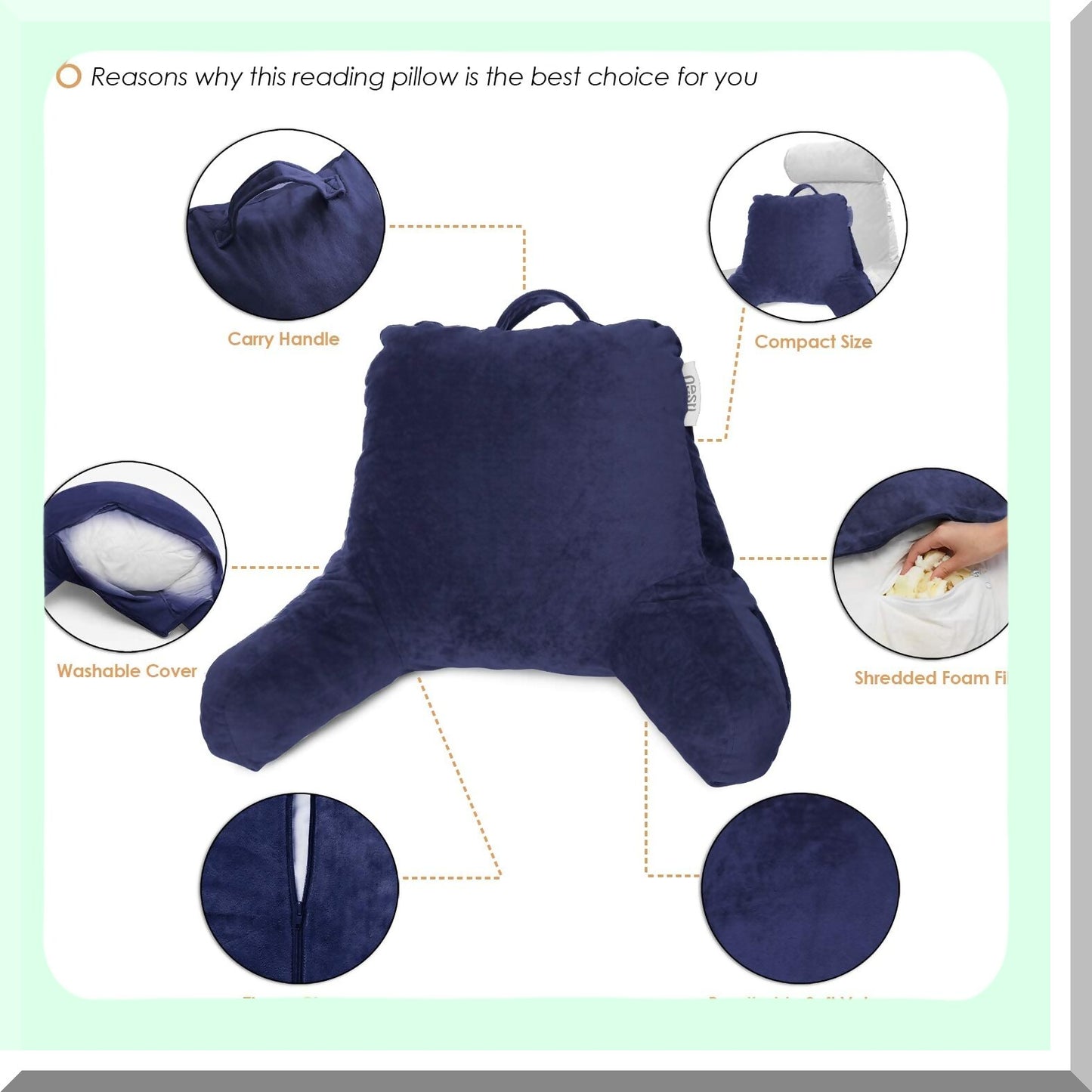 Navy Velvet Lap Desk Reading Pillow - Memory Foam Back Support with Arms for Bed Rest - Portable Laptop Lap Desk - Sitting in Bed Back Pillow