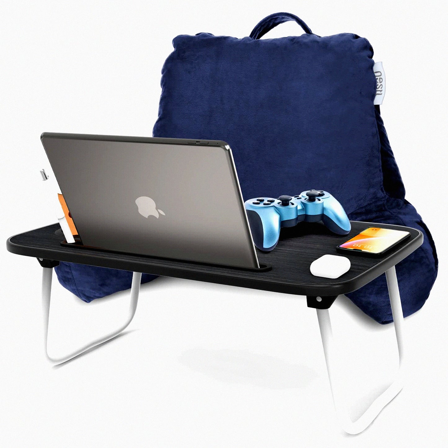 Navy Velvet Lap Desk Reading Pillow - Memory Foam Back Support with Arms for Bed Rest - Portable Laptop Lap Desk - Sitting in Bed Back Pillow