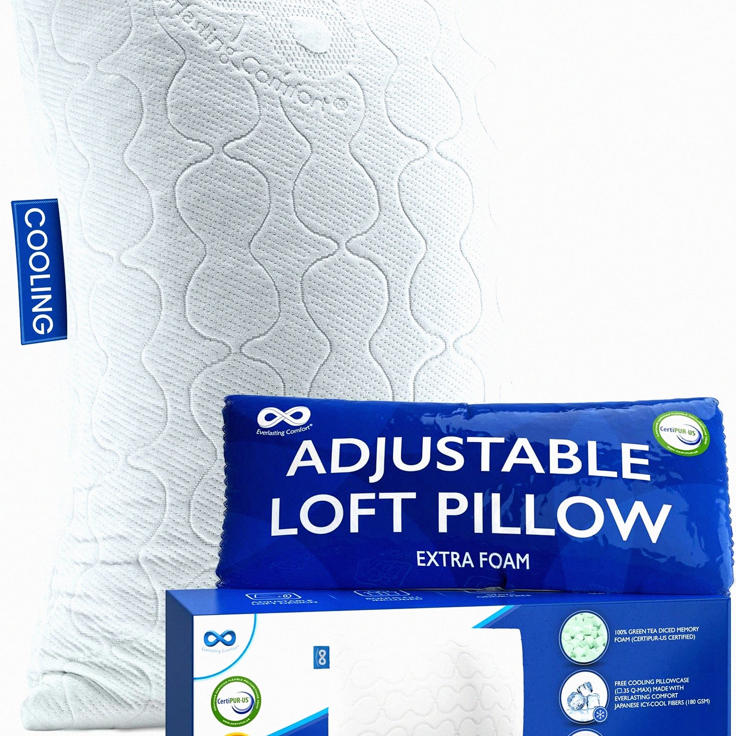 CoolMax Memory Foam Adjustable Loft Pillows - Hypoallergenic Cooling Fiber Case - Side Sleeper Queen Pillows - 2X Cooling Power