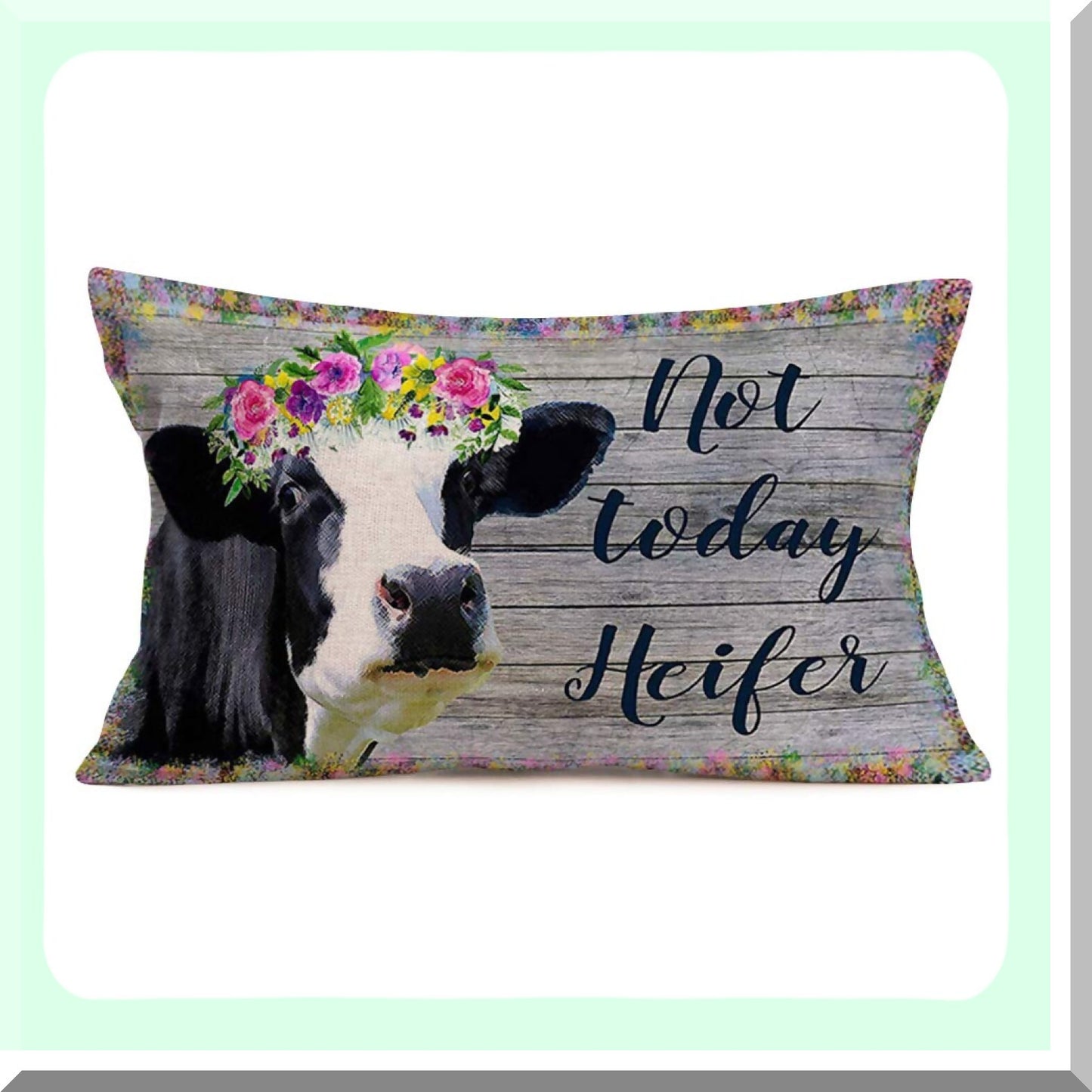 Watercolor Farmhouse Floral Cow Pillow Cover - Not Today Heifer Quotes Decorative Cushion Case - Spring Leaves Frame Cotton Linen 12x20 Inch
