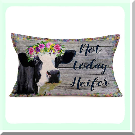 Watercolor Farmhouse Floral Cow Pillow Cover - Not Today Heifer Quotes Decorative Cushion Case - Spring Leaves Frame Cotton Linen 12x20 Inch