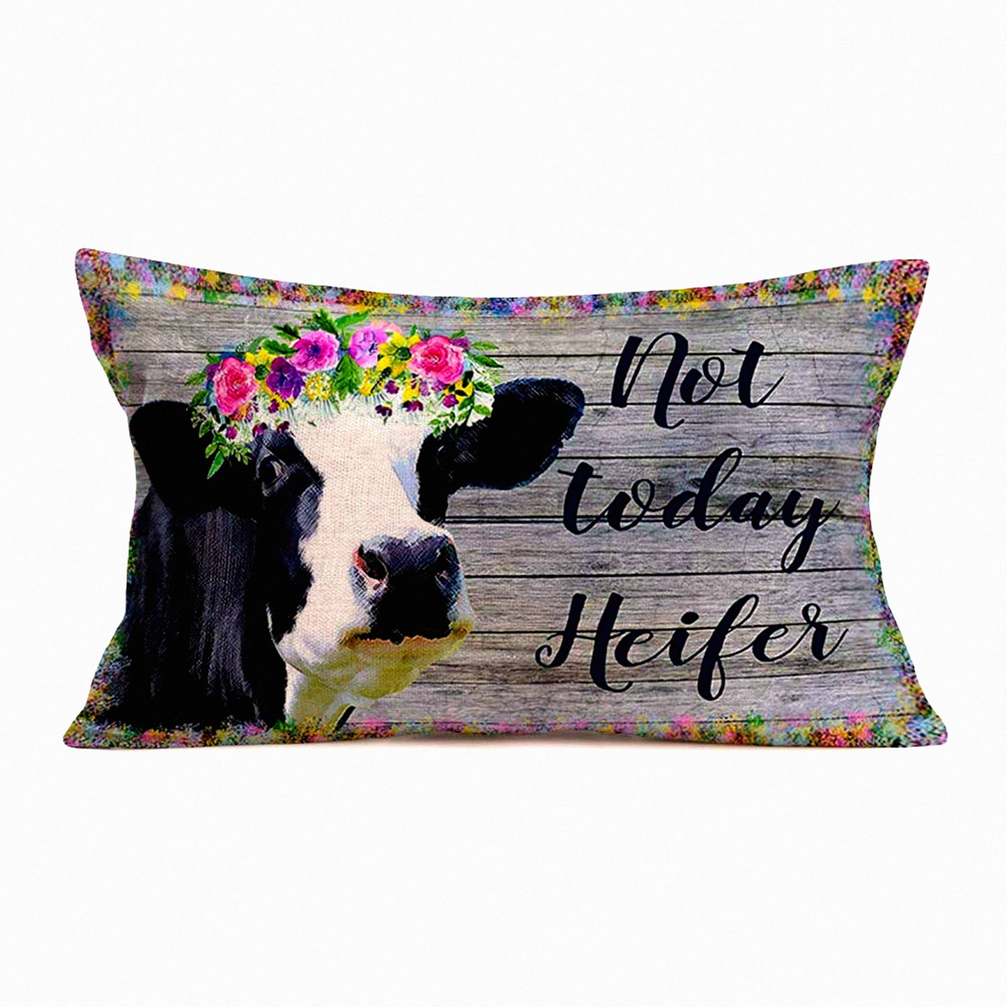 Watercolor Farmhouse Floral Cow Pillow Cover - Not Today Heifer Quotes Decorative Cushion Case - Spring Leaves Frame Cotton Linen 12x20 Inch