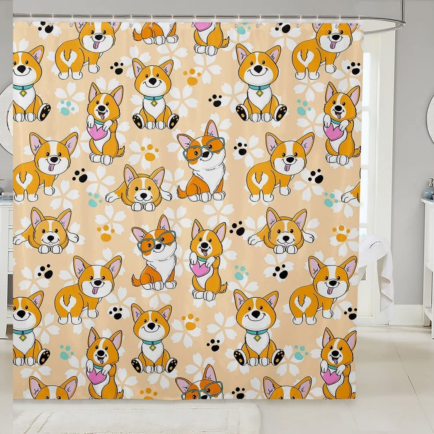 Corgi Cartoon Dog Paw Shower Curtain 72x72 Inches