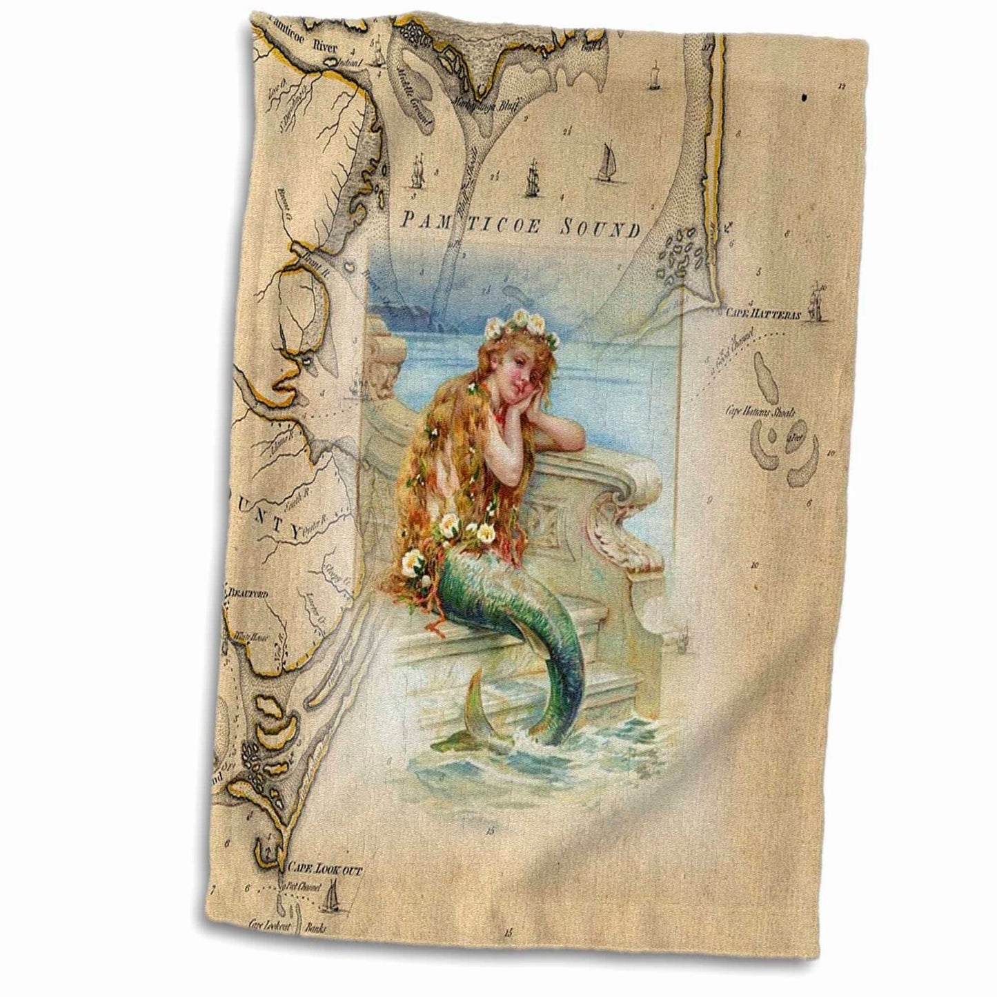 Vintage Map Outer Banks Mermaid Towel 15" x 22"