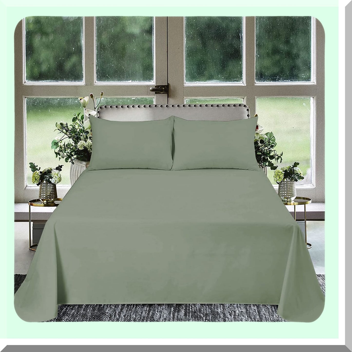 Luxury Sage Solid Cotton Flat Sheet Set - Oversized Plus 120 x 120 - 800 Thread Count - 3 Piece Bedding Set - Premium Quality Sheets