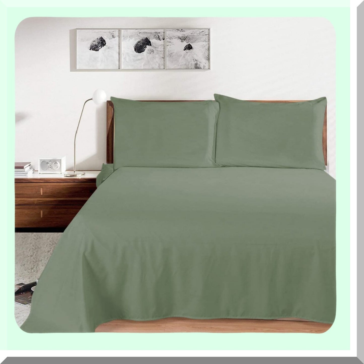 Luxury Sage Solid Cotton Flat Sheet Set - Oversized Plus 120 x 120 - 800 Thread Count - 3 Piece Bedding Set - Premium Quality Sheets