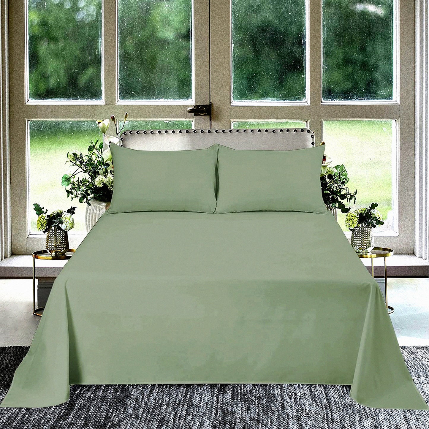 Luxury Sage Solid Cotton Flat Sheet Set - Oversized Plus 120 x 120 - 800 Thread Count - 3 Piece Bedding Set - Premium Quality Sheets