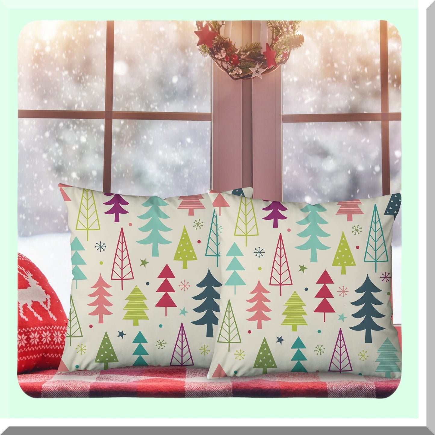 Winter Wonderland Tree Pillow Covers - Set of 2 Colorful Holiday Farmhouse Decorative Cushion Cases 18x18 for Couch Sofa Living Room - Abstract Art Zippered Pillowcases - December Home Accent