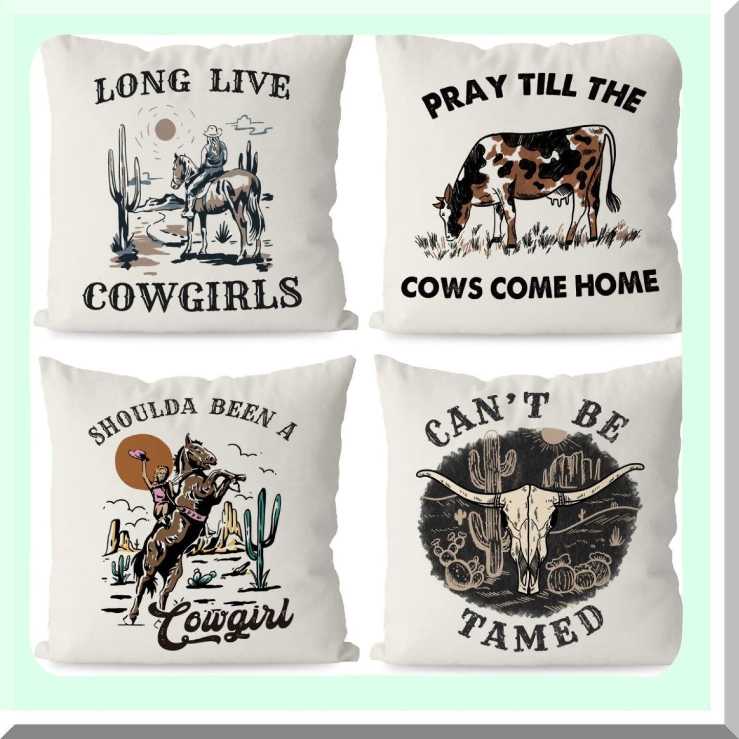Retro Cowgirl Rodeo Bull Skull Cactus Throw Pillow Covers - Set of 4 | Western Country Rustic Home Decor for Teen Girls - Long Live Cowgirls 18x18 Inch